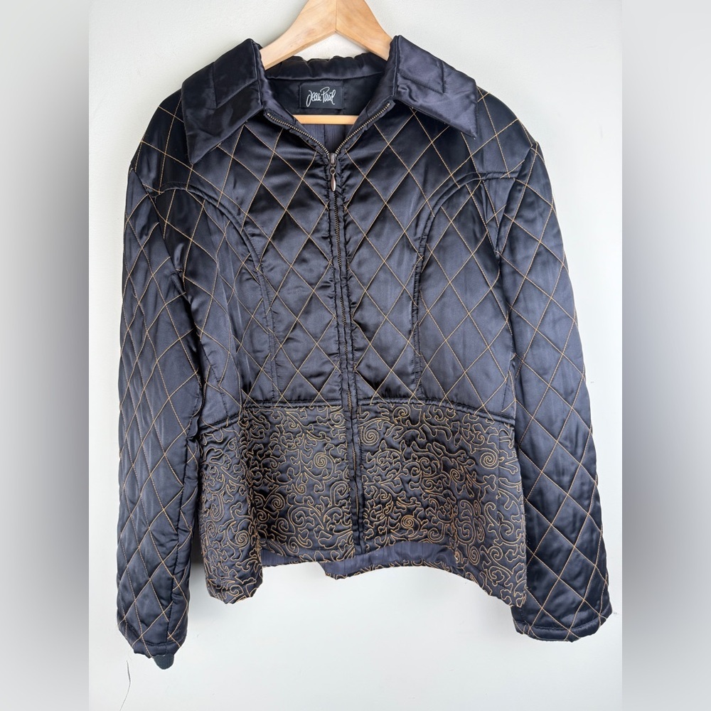 Vintage Jean Paul Women's Black Quilted Embroidered Black and Gold Jacket SZ 12